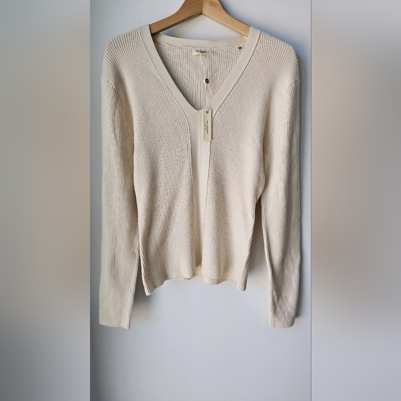 Max Studio V neck Ribbed Knit Pullover Sweater Ivory Beige size XL Fitted - Picture 1 of 7